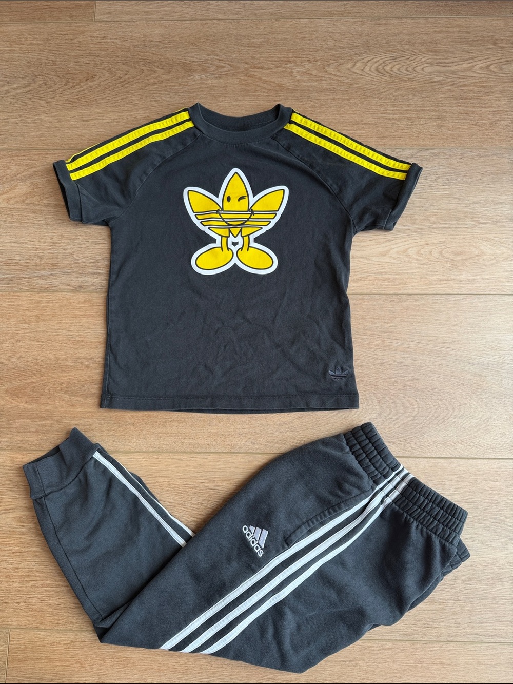 adidas Black Tee & Joggers with Yellow Logo and Stripes